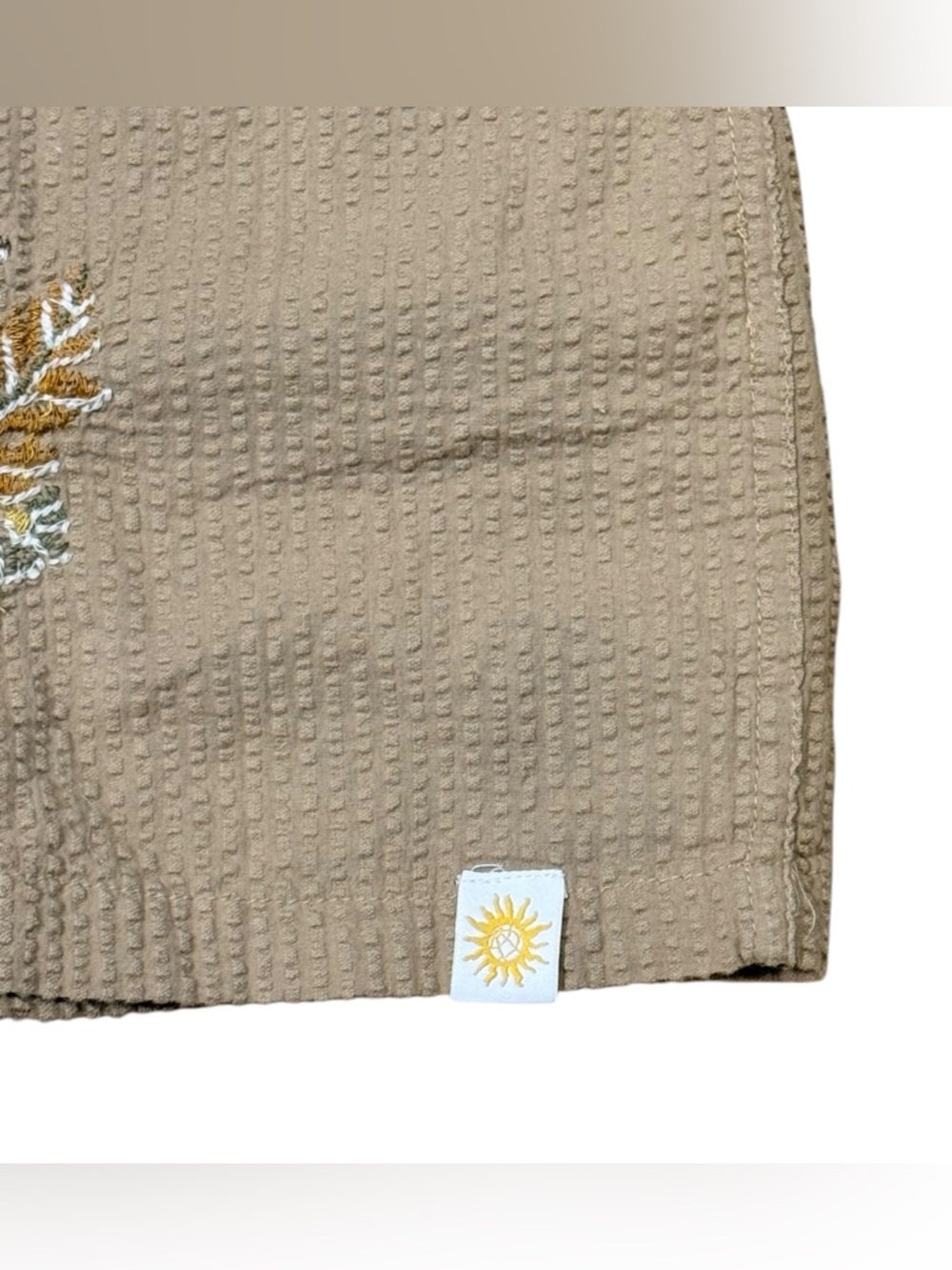 Free Planet Embroidered Seersucker Button Down Shirt in Tan Size Large - Picture 4 of 7
